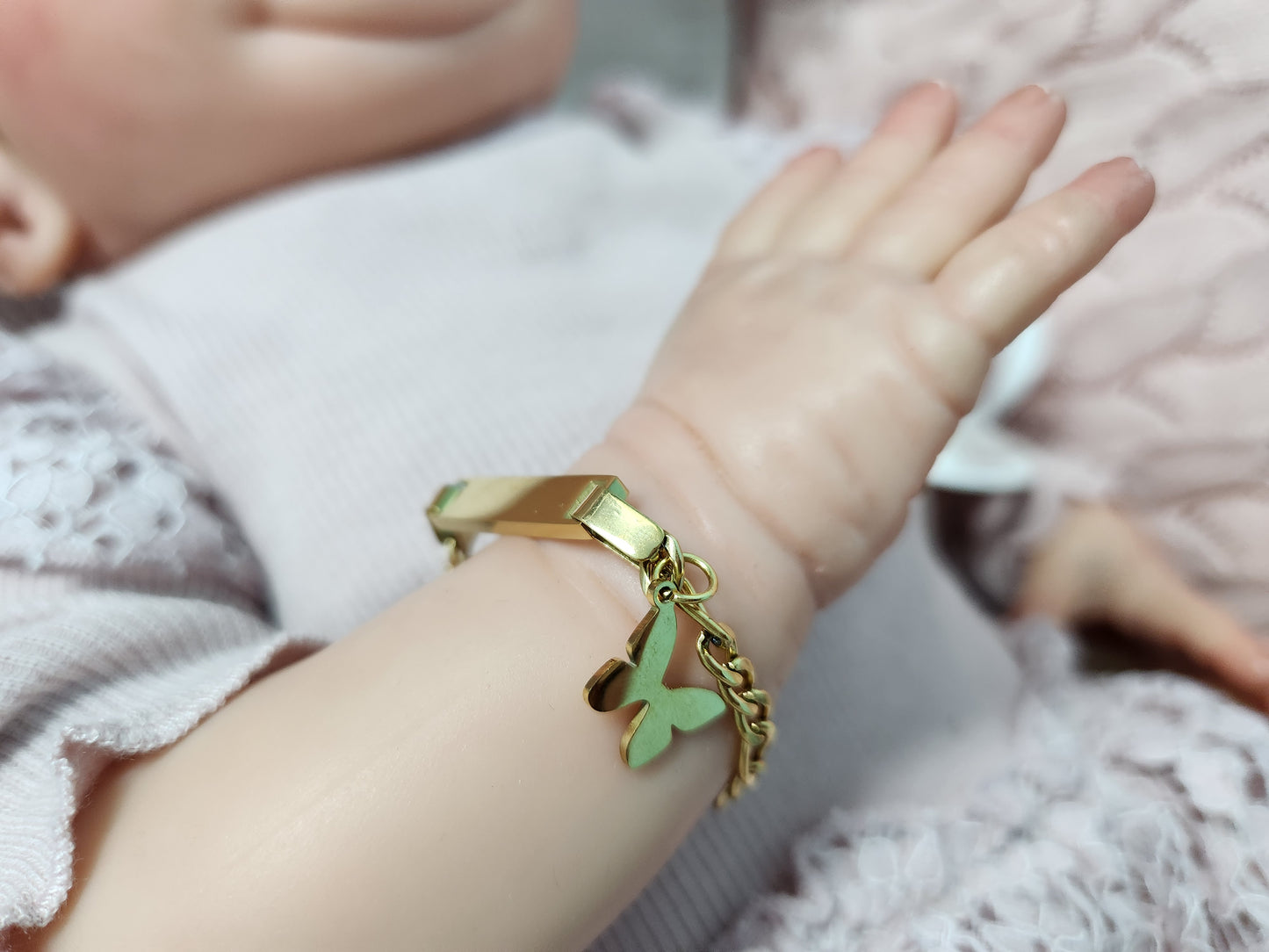 Newborn Butterfly Charm Gold ID Reborn Baby Bracelet