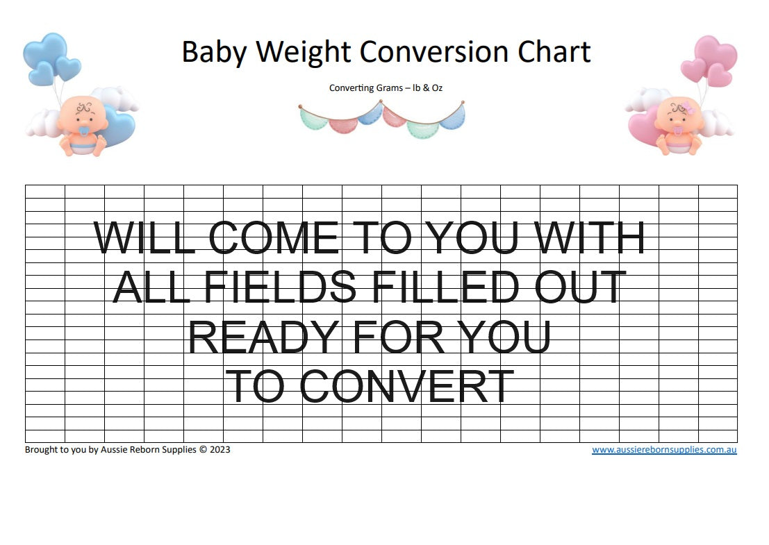 Baby Weight Conversion Chart Convert Grams - Lbs & Ozs Reuse Reborn Supplies