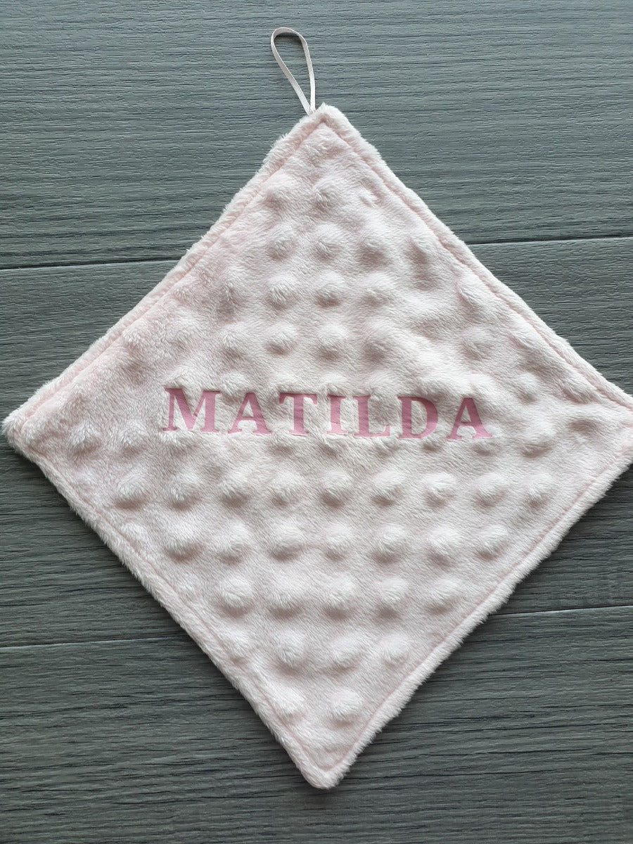 Personalized Armani-Square Pacifier Holder Pink Minky Dot