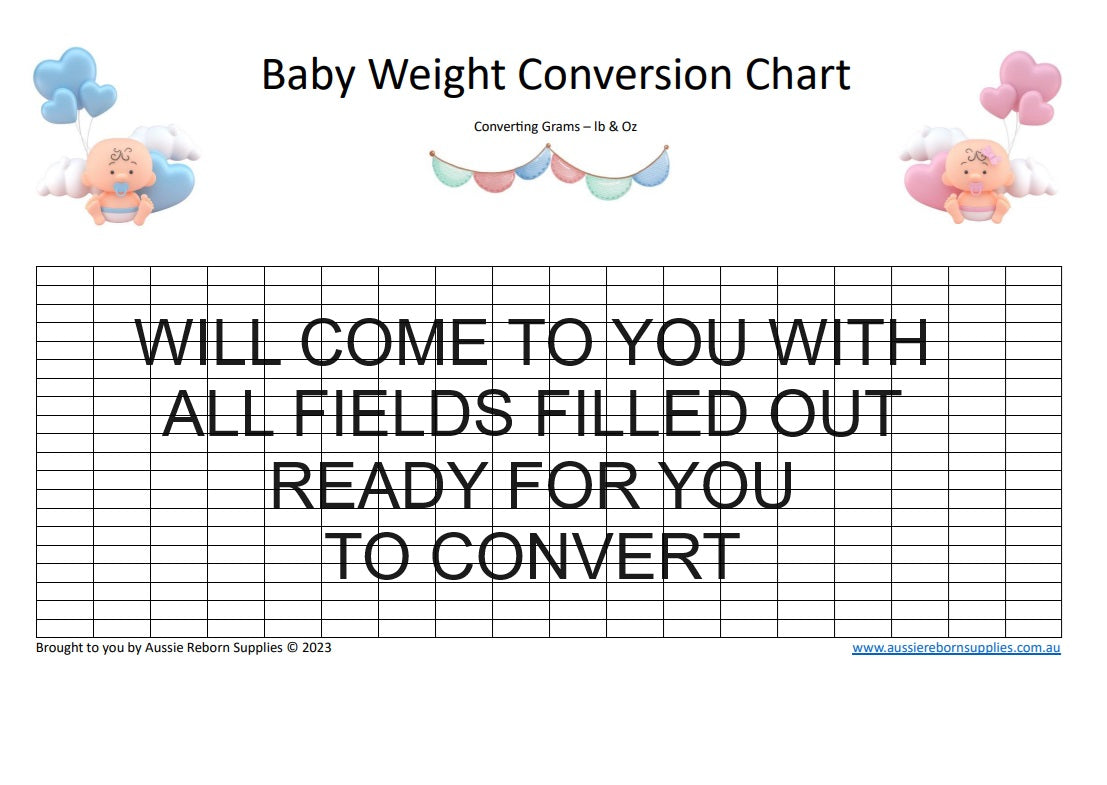 Baby Weight Conversion Chart Convert Grams - Lbs & Ozs Reuse Reborn Supplies